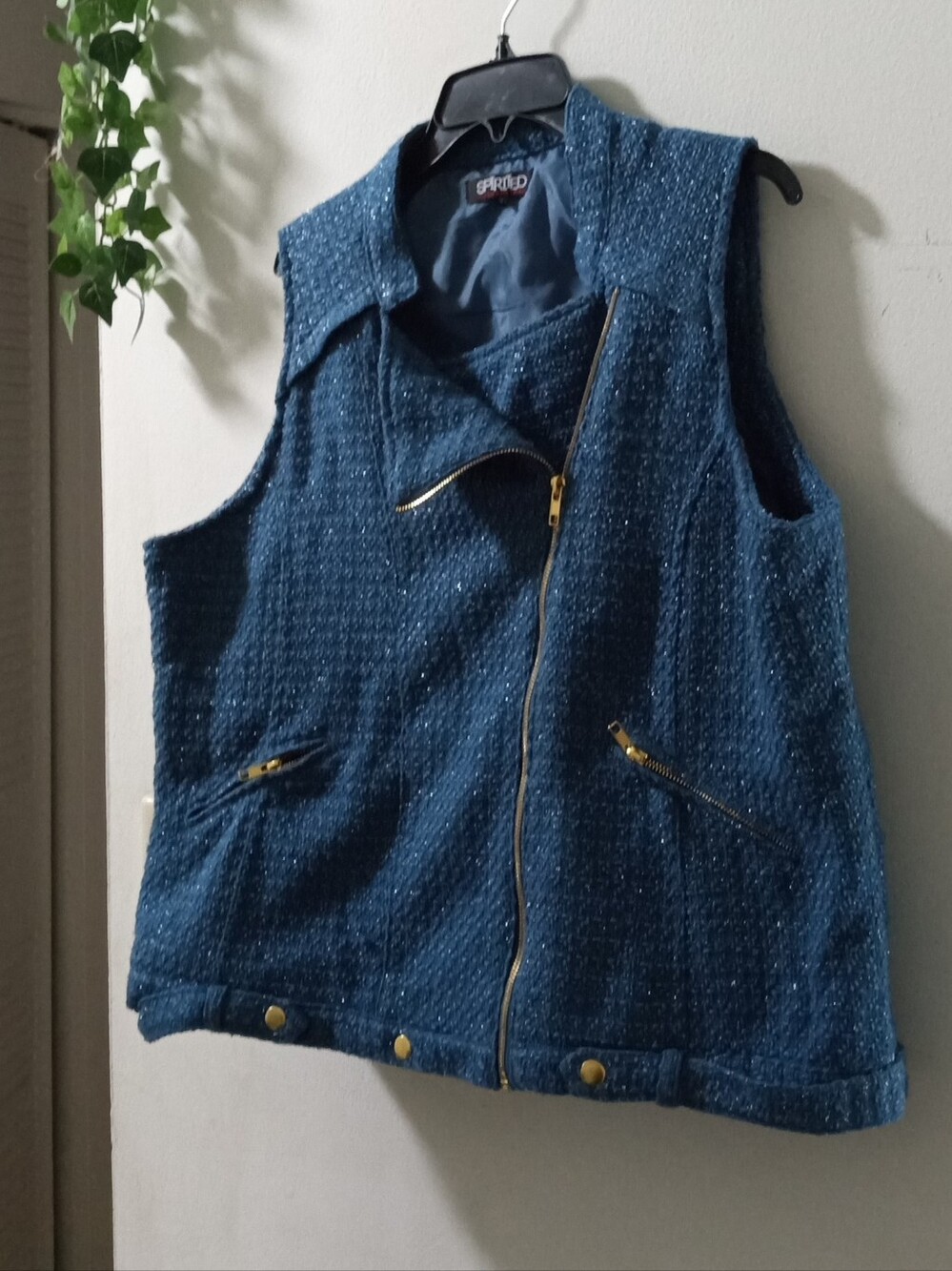 Spirit Blue Textured Zip Vest with Gold Hardware